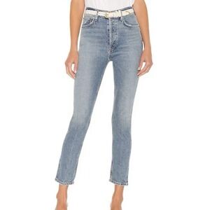 AGOLDE Nico High Rise Slim Straight Jeans Women 25 Distressed Raw Hem Blue Denim